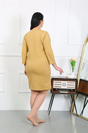 Giyim Kadın Büyük Beden Penye Gecelik Ev Elbisesi Hardal