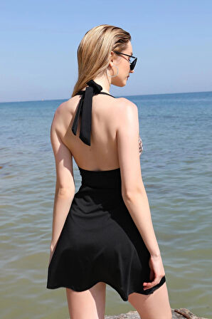 Giyim Kadın Likralı Şortlu Fiyonklu Elbise Mayo Siyah