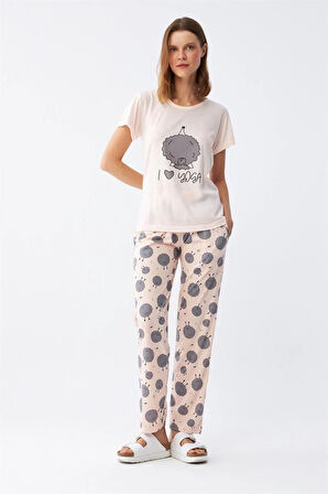 Giyim Kadın Kısa Kol Pijama Takım Pudra