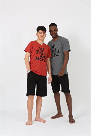 Giyim Erkek Genç Garson Boy Kısa Kol Bordo Penye Şortlu Pijama Takımı