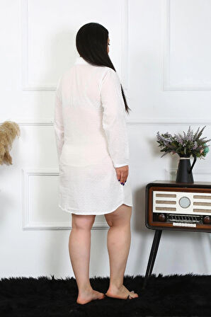 Giyim Kadın Büyük Beden Pamuk Dokuma Düğmeli Uzun Kol Ekru Tunik Gecelik