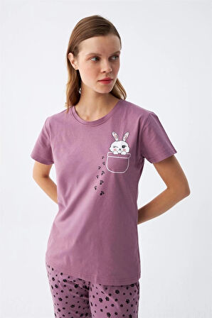 Giyim Kadın Mor Patili Tavşan Baskılı Cepli Pijama Takımı