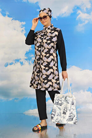 Giyim Kadın Pantolonlu Desenli Tam Tesettür Mayo Lacivert