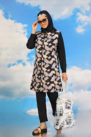 Giyim Kadın Pantolonlu Desenli Tam Tesettür Mayo Lacivert