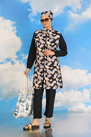 Giyim Kadın Pantolonlu Desenli Tam Tesettür Mayo Lacivert