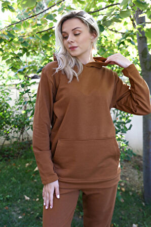 Giyim Kadın Pamuk Kapşonlu Cepli 3 İplik Kahve Eşofman Takım