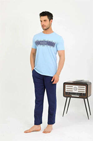 Giyim Erkek Pamuk Kısa Kol Pijama Takım Mavi