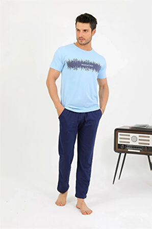 Giyim Erkek Pamuk Kısa Kol Pijama Takım Mavi