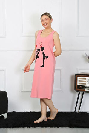 Giyim Kadın Kalın Askılı Penye Uzun Pembe Gecelik