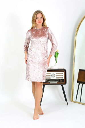 Giyim Kadife Ev Elbisesi Tunik Gecelik Pudra