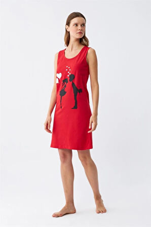 Giyim Kadın Kalın Askılı Penye Diz Üstü Kırmızı Gecelik