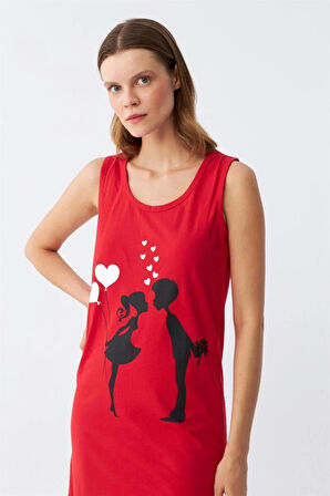 Giyim Kadın Kalın Askılı Penye Diz Üstü Kırmızı Gecelik