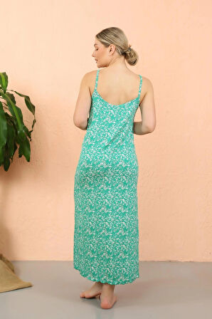 Giyim Kadın İp Askılı Yırtmaçlı Uzun Yeşil Gecelik