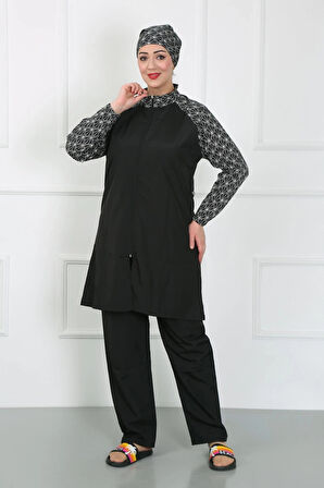 Giyim Büyük Beden Desenli Tesettür Mayo Siyah