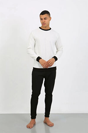 Giyim Erkek Uzun Kol Manşetli Paça Penye Pijama Takımı Beyaz