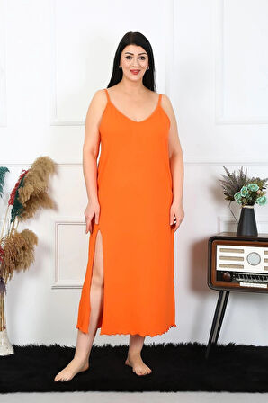Giyim Kadın Büyük Beden İp Askılı Pamuklu Turuncu Uzun Gecelik