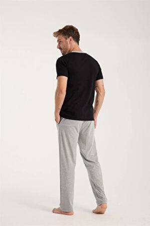 Giyim Erkek Siyah Düğmeli Yaka Kısa Kol Pijama Takımı