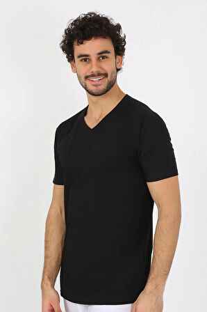 Giyim Erkek V Yaka Siyah Penye Atlet