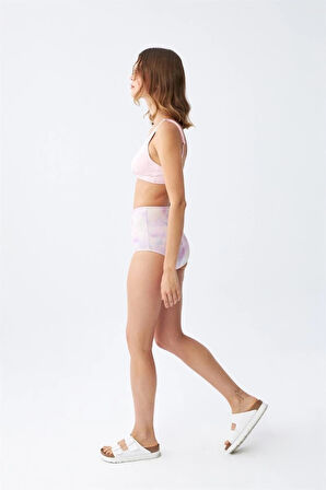 Giyim Kadın Pembe Pedli Üst ve Pastel Desenli Yüksek Bel Bikini Takımı