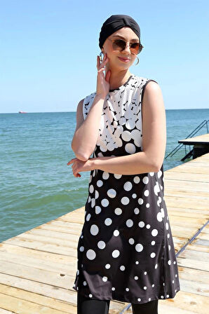 Giyim Sıfır Kol Puanlı Yarım Tesettür Mayo Siyah Peyaz Puantiye