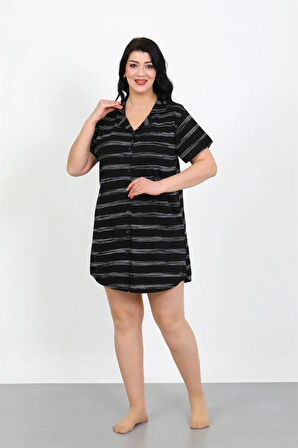 Giyim Büyük Beden Penye Düğmeli Siyah Tunik Gecelik