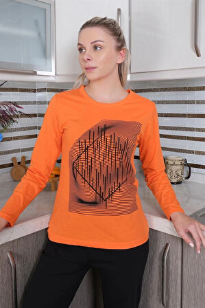 Giyim Kadın Uzun Kol Penye Pijama Takım Turuncu