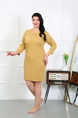 Giyim Kadın Büyük Beden Penye Gecelik Ev Elbisesi Hardal