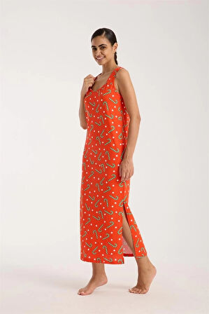 Giyim Kadın Kalın Askılı Yırtmaçlı Uzun Turuncu Gecelik