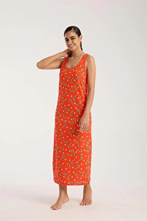 Giyim Kadın Kalın Askılı Yırtmaçlı Uzun Turuncu Gecelik