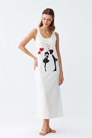 Giyim Kadın Kalın Askılı Penye Uzun Ekru Gecelik