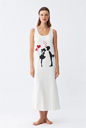 Giyim Kadın Kalın Askılı Penye Uzun Ekru Gecelik