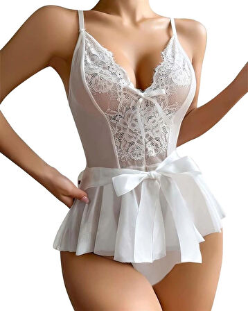 Giyim Kadın Fantezi Babydoll Dantel Gecelik Beyaz