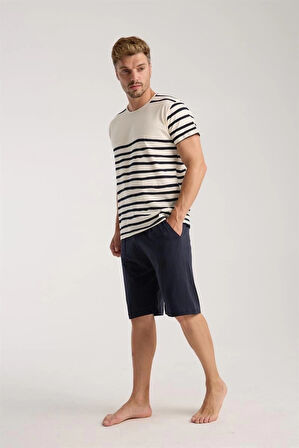 Giyim Erkek Krem Sıfır Yaka Kısa Kol Şortlu Pijama Takımı