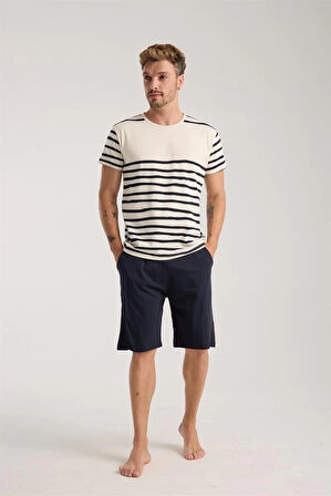 Giyim Erkek Krem Sıfır Yaka Kısa Kol Şortlu Pijama Takımı