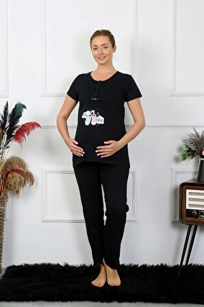 Giyim Kadın Kısa Kol Hamile Lohusa Pijama Takımı Siyah