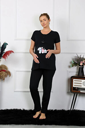Giyim Kadın Kısa Kol Hamile Lohusa Pijama Takımı Siyah