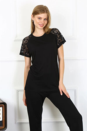 Giyim Kadın Kolu Dantelli Penye Pijama Takım Siyah