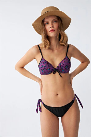 Giyim Kadın Yandan Bağlamalı Yarım Destekli Fiyonklu Alt Üst Bikini Takım Mor