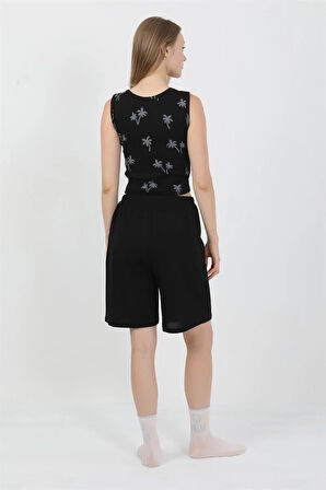 Giyim Kadın Kalın Askılı Pamuk Penye Şortlu Crop Takım Siyah