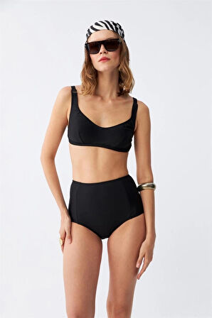 Giyim Kadın Siyah Pedli Kare Yaka Yüksek Bel Bikini Takımı