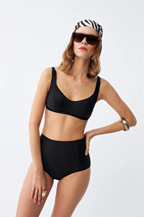 Giyim Kadın Siyah Pedli Kare Yaka Yüksek Bel Bikini Takımı