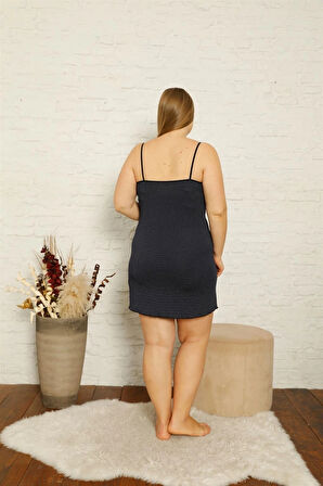 Giyim Kadın Pamuklu İp Askılı Büyük Beden Gecelik Lacivert