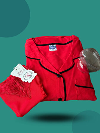 Giyim Kadın Yılbaşı 2'li Özel Kalp Kutulu Slip - Pijama Hediye Seti