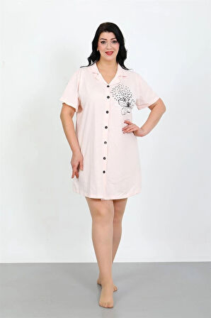 Giyim Büyük Beden Penye Düğmeli Pudra Tunik Gecelik