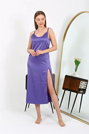 Giyim Yırtmaçlı Uzun Saten Gecelik Mor