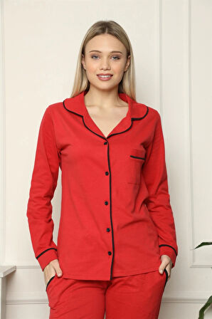 Giyim Kadın %100 Pamuk Penye Önden Düğmeli Uzun Kol Pijama Takım Kırmızı