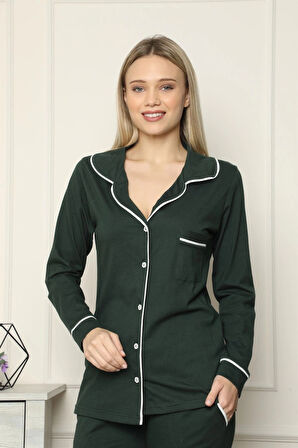 Giyim Kadın %100 Pamuk Penye Önden Düğmeli Uzun Kol Pijama Takım Yeşil