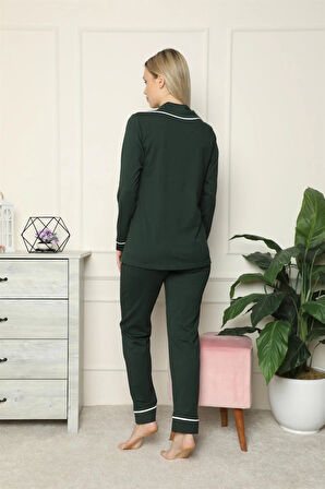Giyim Kadın %100 Pamuk Penye Önden Düğmeli Uzun Kol Pijama Takım Yeşil