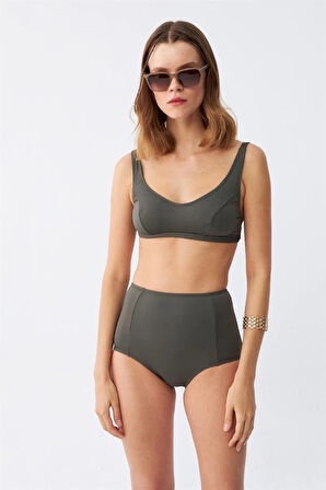Giyim Kadın Basic Haki Pedli Yüksek Bel Bikini Takımı