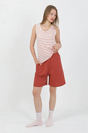 Giyim Kadın Kalın Askılı Pamuk Penye Şortlu Takım Turuncu